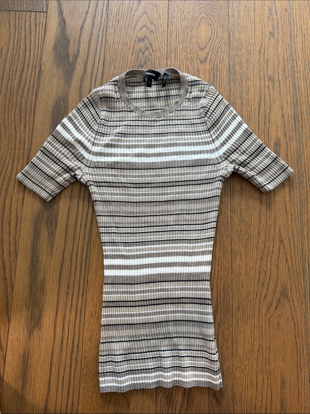 Theory Striped Rib-Knit Short Sleeve Top in Tan, Cream & White
